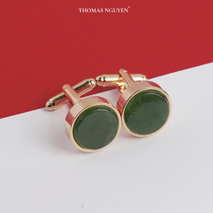Boutons de manchette de luxe pour homme [Collection Tinh Vu] plaqués or 18 carats - Pierre précieuse néphrite Fengshui (MSDAXL003) - Fabriqué au Vietnam - Product Image 1