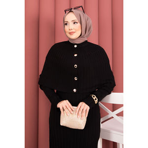 Ensemble robe en tricot avec détails boutonnés, style imprimé décontracté, saison automne, tissage au crochet, couleur noire - Product Image 4