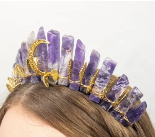 Şifa değerli ametist taş gelin hairgrip taç kristal ay charm cadı firkete Headdress kadınlar için hediye