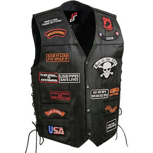 Black Cowhide Leather Breathable Vintage Men's Pre-Patched Biker Vest Autumn Custom Logo 23 Assorted Patches Multiple Pockets - Product Image 1