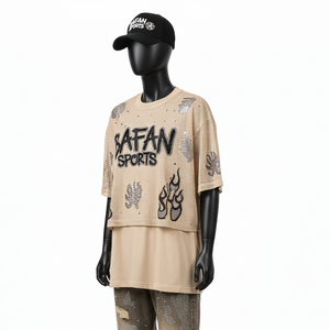 Chemise double couche pour femmes, maille et tissu en polyester de qualité supérieure, couleur beige, logo personnalisé en strass, chemises double couche en coton - Product Image 4