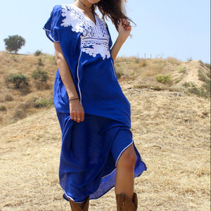 Pretty Classic Floral Embroidered Bedouin Maxi Dress Gold Cord/Southeast Embroidery Adjustable <b>Back</b> <b>Tie</b> Slightly Sheer Cotton - Product Image 1