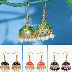Boucles d'oreilles pendantes en laiton Meenakari, chandelier, faites à la main, émail traditionnel, jhumka pour femmes, bijoux en laiton élégants de style indien - Product Image 4