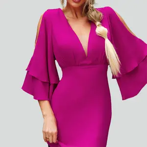 Bridesmaid Wedding Dresses Women Column Deep V Lady Vintage Hollow Out Elegant Long Sleeve Mermaid Tiered Dress for Women