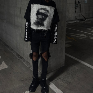 T-shirt à manches longues en strass pour homme, style streetwear personnalisé, vintage, ourlet brut, effet superposé, en coton épais 100% - Product Image 2