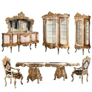 Ensemble de table à manger en verre de style européen avec détails sculptés dorés et centre de table en cristal pour une salle à manger élégante - Product Image 2