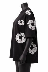 T-shirt pour femmes de qualité supérieure, noir, imprimé floral, coton, coupe ample, décontracté, streetwear, col rond, manches courtes - Product Image 5