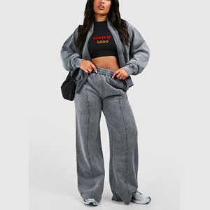 Alta calidad 100% algodón acidwash cremallera Sudadera con capucha y Jogger 2 piezas Set Venta al por mayor personalizado 3D puff impreso logotipo de las mujeres chándal - Product Image 6