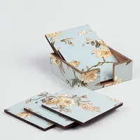 Ensemble de 6 dessous-de-verre carrés modernes en bois, faits à la main, à motifs floraux, écologiques, durables et luxueux, pour café et latte