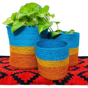 Ensemble de pots de fleurs en coton tricoté à la main, style bohème, pots de fleurs d'intérieur, trois tailles, rayures rouges, jaunes, vertes et blanches - Product Image 5