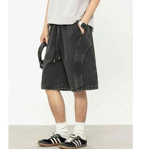 Short en jean personnalisé pour hommes, streetwear, baggy ample en cristal, short baggy en denim de style vintage lavé avec cordon de serrage - Product Image 2