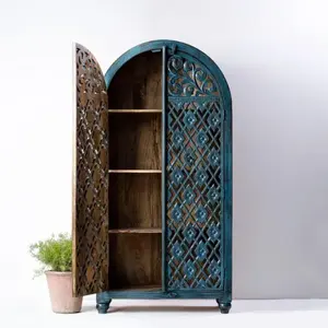 Hoge Kwaliteit Blauwe Kleur Indian Traditionele Design Kast Massief Houten Kledingkast Woonkamer Kast Met Lades Rode Planken