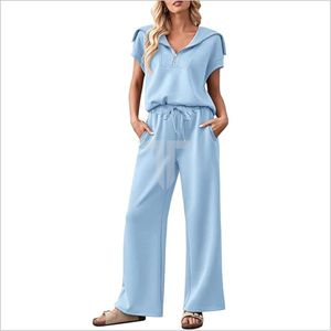 Conjuntos de 2 piezas de talla grande para mujer, conjuntos de Sudadera de manga corta con cuello de solapa y media cremallera y pantalones de chándal de pierna ancha - Product Image 4