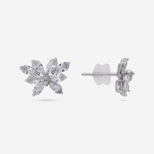 Boucles d'oreilles vintage en argent 92,5 et or 14 carats, modèle 191570, clous fleuris pendulants, tendance, en or rose avec diamants taille marquise émeraude - Product Image 5