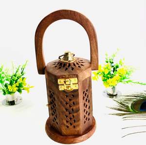 Handcrafted 30 cm Brown Wooden Hexagon Lantern Handle Perforated Design 2-color Printed <b>Tea</b> <b>Light</b> Holder for Christmas Easter - Product Image 4
