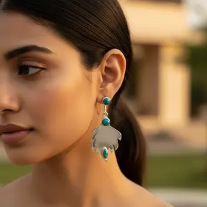 925 Silver Leaf <b>Turquoise</b> Drop and <b>Hoop</b> <b>Earrings</b> for Women Gold Plated Dainty Jewelry Cute Style for Weddings Parties Gift - Product Image 2