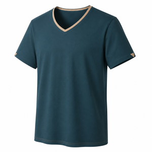 Camiseta al por mayor de color verde azulado intenso con cuello en V y cuello en contraste beige, detalle de manga minimalista, ropa de verano personalizada para hombre - Product Image 3