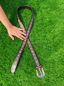 Cinturón de vaquera occidental de cuero mecanizado más vendido Cinturón floral de cuero de vaca genuino de alta calidad para jeans Cinturones pintados a mano - Product Image 3