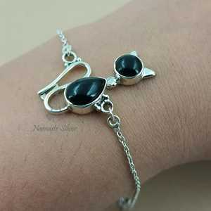 Bracelet en onyx noir, charme chat en argent sterling 925, réglable, fait main, bijoux bohèmes - Product Image 2