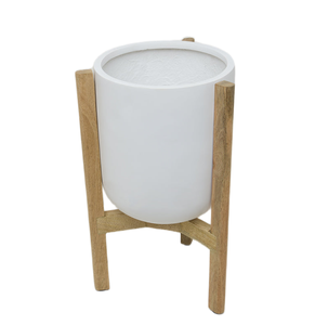 Maceta blanca con soporte de madera natural, perfecta para decoración interior moderna, balcón, jardín y exhibición de plantas domésticas, florero - Product Image 2
