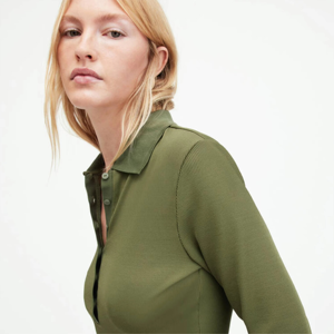 Women's Olive <b>Green</b> Polo Neck <b>Long</b> <b>Sleeve</b> <b>Crop</b> <b>Top</b> Slim Fit Solid Color Casual Knitted Shirt - Product Image 6