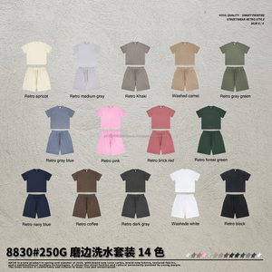 Conjunto de pantalones cortos de manga corta para hombre de verano 2025, traje deshilachado teñido lavado de punto de estilo callejero Vintage informal para parejas - Product Image 5