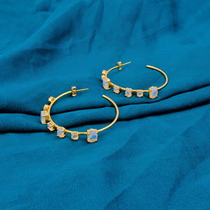 Handmade Designer Opalite Quartz Gold Plated Stud <b>Earrings</b> for Women Trendy <b>Fashion</b> Brass <b>Hoops</b> Oval Cut Gemstones - Product Image 5