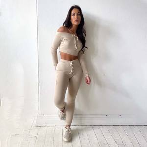 Premium Quality <b>Beige</b> 2 Piece <b>Women's</b> Ribbed Off Cropped Shoulder Top And Cargo Jogger Set <b>Women's</b> 2 Piece <b>Tracksuit</b> Sweat Set - Product Image 1