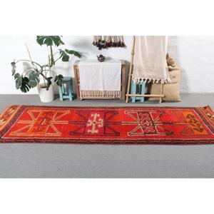 Vintage <b>Runner</b> Rug 2.9x10.6 ft, <b>Red</b> Orange Striped Rug Wool - Product Image 3