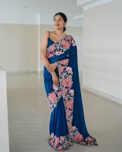 Tendance indienne Saree magnifiquement conçu Saree en soie lourde Rangoli avec chemisier à séquences en fil de soie de coton - Product Image 4