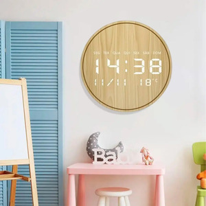 Horloge murale numérique ronde en bois 30 cm Décoration de salon - Couleurs assorties - Product Image 5