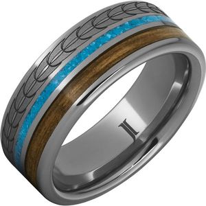 Bague de mariage robuste en tungstène vieilli au filtre de baril, incrustations turquoise et bourbon avec placage or et rhodium, motif numérique unique - Product Image 1