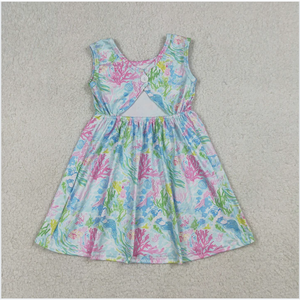GSD3665 Vestido de niña azul cielo con estampado de flores oceánicas de verano - Product Image 1