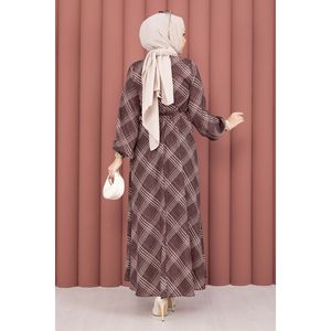 Modest Style <b>Brown</b> Chiffon Hijab Dress Plaid Pattern Breathable Fabric Bow Neckline Natural Gathered Waist Wrap <b>Tie</b> Detail - Product Image 6