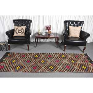 2.7x9 ft Kilim Turkish Rug, <b>Brown</b> Patchwork Vintage Rug <b>Wool</b> - Product Image 2
