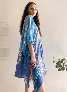 Treding Collection Summer Women Collection Casual Mini Length <b>Three</b> Quarter Sleeves V-Neck Printed Short Kaftan With Lace - Product Image 2