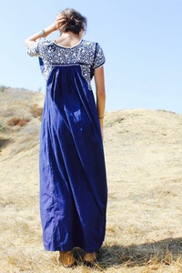 SRJ EXPORTS Navy <b>White</b> Hand Embroidered Oaxacan <b>Maxi</b> Dress 100% Cotton Dense Detailed Flowers Crochet Trim A-Line Vintage Summer - Product Image 2
