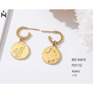 Pendientes Ziio con dijes del zodiaco chapados en oro, colgante redondo de acero de 12 quilates, diseño de aro con cuentas para mujer, joyería - Product Image 2
