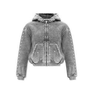 OEM Customized Distressed Acid Wash <b>Hoodie</b> for Men Women <b>Oversized</b> Rhinestone Detail Solid Custom Dye Technique for Autumn Use - Product Image 2