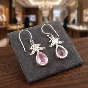 Womens 925 <b>Sterling</b> <b>Silver</b> Bohemian Drop <b>Earrings</b> Butterfly Pattern Pear Cut Freshwater Pearl Pink Morganite Bezel <b>Set</b> Handmade - Product Image 4