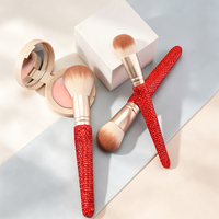 Ensemble de 10 pinceaux de maquillage avec manche en bois et strass rouges, poils synthétiques doux, virole dorée, pour fond de teint, blush et fard à paupières