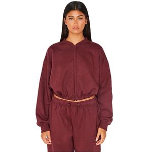 Logo personnalisé marron femmes sweat-shirt recadrée fermeture éclair sur le devant coupe oversize polaire décontracté Streetwear OEM vente en gros de vêtements - Product Image 1