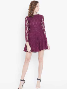 Robe moderne à manches longues et évasée en dentelle pour femmes Self Design Fall Fashion Dress T Shirt Exportateur - Product Image 5