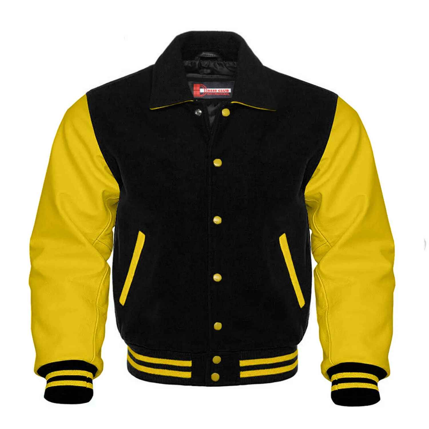 Colagem personalizada Lã Preta Amarelo Real Couro Collar Varsity Jacket/Atacado Adulto Design Com Bordado Varsity Baseball Ja