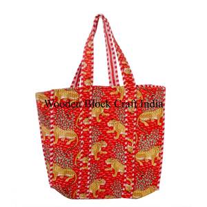 Handmade Cotton Vintage jungle <b>Block</b> <b>Print</b> Quilted Tote Bag Women Eco-Friendly Custom Logo Winter Spring Summer Zipper closure - Product Image 1