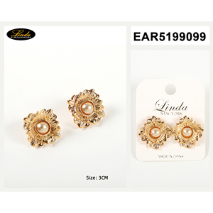 Pendientes de Perlas Linda New York, Forma de Flor, Chapados en Oro, Perlas Falsas Blancas de 3 cm, Joyería de Moda para Mujer, Uso Diario - Product Image 1