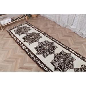 Tapis turc Herki 2,8x13,4 pieds, tapis vintage en laine brun et blanc à bordures - Product Image 4