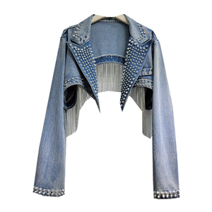 Veste en jean style à la mode personnalisée à prix d'usine veste en jean cloutée Bomber de lavage de détresse recadrée veste en jean Boxy pour femmes - Product Image 1