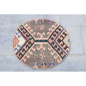 Rug, 1.7x1.7 ft Vintage Rug, <b>Brown</b> Floral Rug <b>Wool</b> - Product Image 4