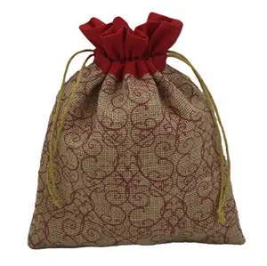 Saco de serapilheira com cordão de juta para embalagem de presentes de casamento com estampa floral Allover com cordão dourado Zari